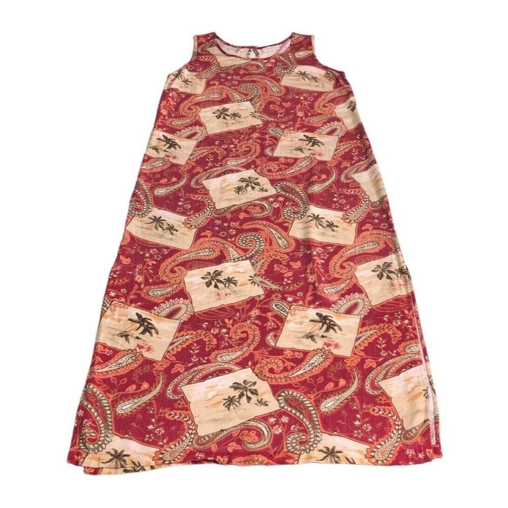 Vintage Marsh Landing Dress Womens Large Red Hawaiian Paisley Palm Maxi Tank 90s